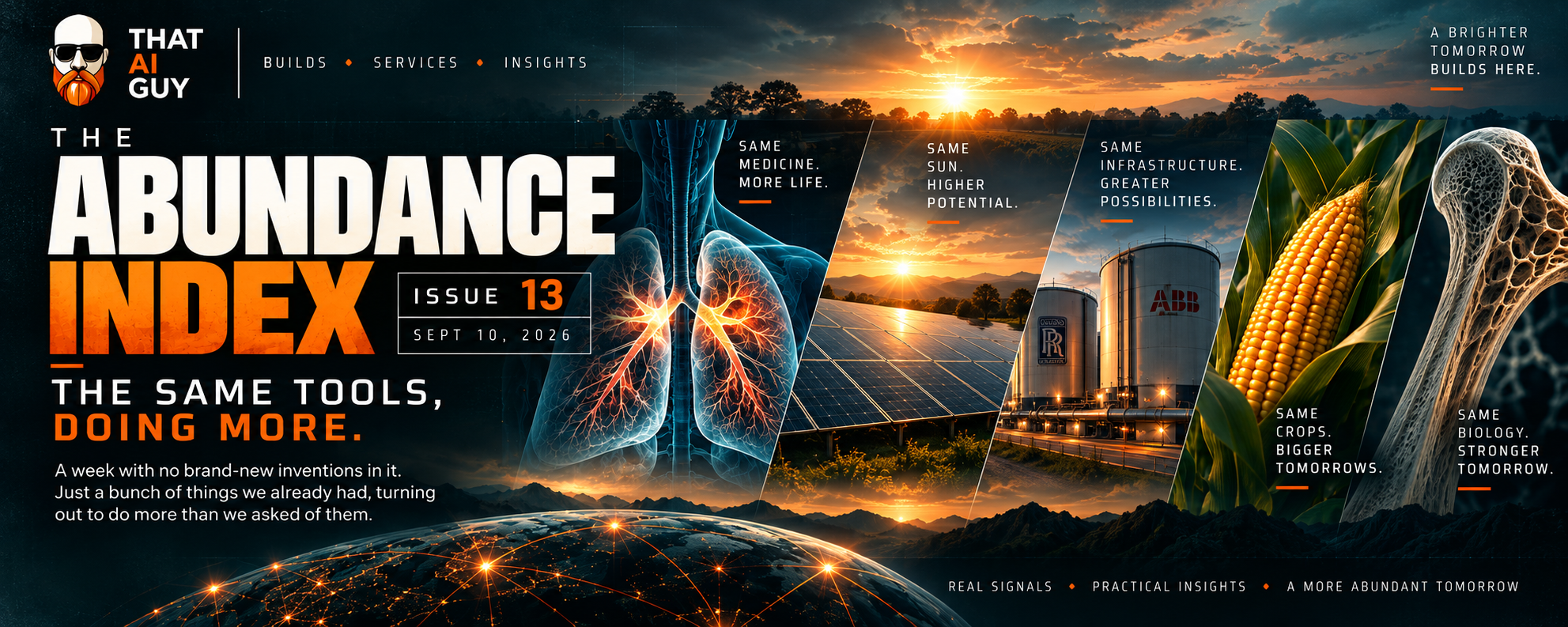 The Abundance Index Issue 13 artwork featuring advances in medicine, energy, infrastructure, agriculture, and biology.